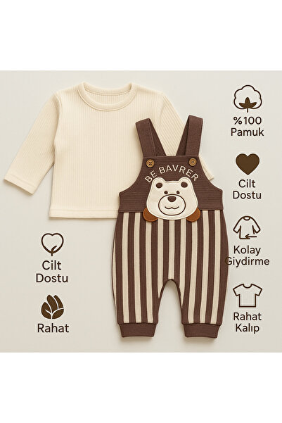 MYZİ STORE Baby Cotton 2-Piece Set – Teddy Bear Detailed Long Sleeve T-Shirt and Salopet