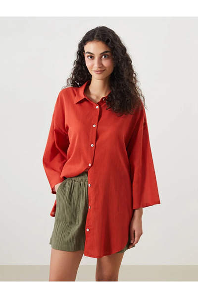 LC Waikiki Orange Shirt Collar Women's Beach Dress