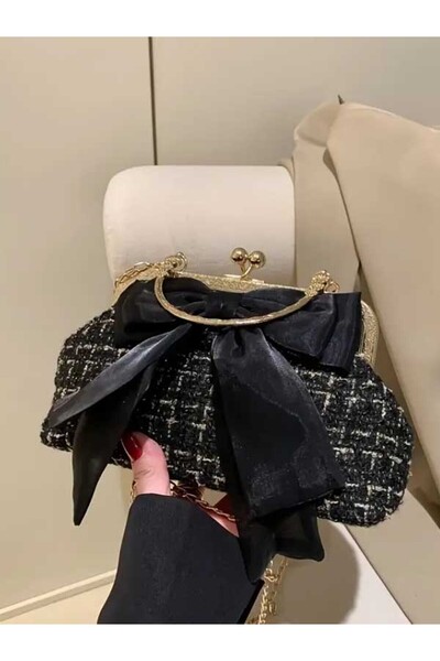 ÇANTA French Fashion Vintage Black Ribbon Design Chain Strap Casual Women's Shoulder Bag Trendy Arm Bag