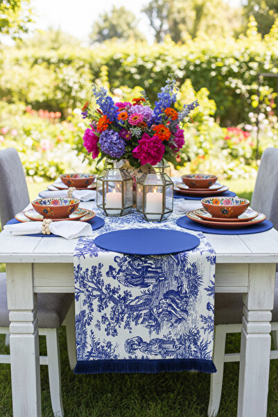 shopshop English French Country Pattern Presentation Set 6 Pieces American Service Tablecloth 1 Piece Tasseled Runner Cover