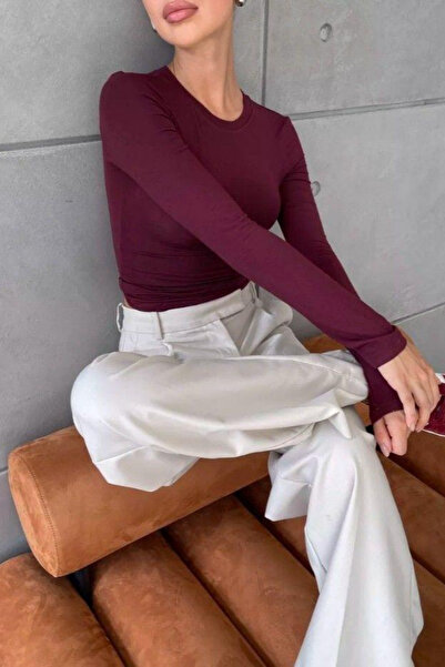 thesunfyre Women's Cotton Finger Insert Detail Bodycon Crew Neck Long Sleeve Blouse