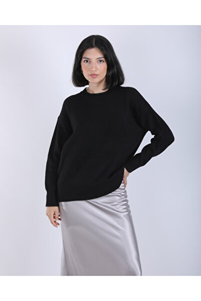 deqfashion سترة نسائية سوداء فضفاضة بياقة دائرية وتصميم كبير الحجم