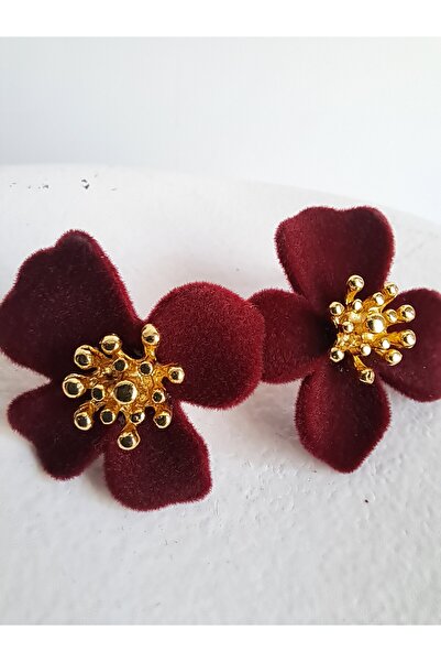 BHR AKSESUAR Bordo Kadife Çiçek Küpe