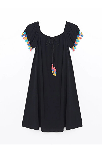 LC Waikiki Black Boat Neck Tassel Detailed Women's Beach Dress