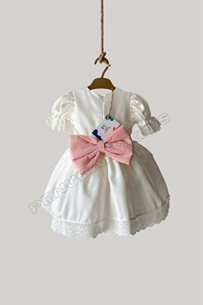 penu baby kids Ecru Cotton Satin Pink Belted Bowknot Skirt Lace on the Sleeve Hem Short Sleeve Girls Kids Baby Girl Dress