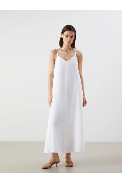 LC Waikiki White V-Neck A-Line 100% Linen Dress with Rope Straps