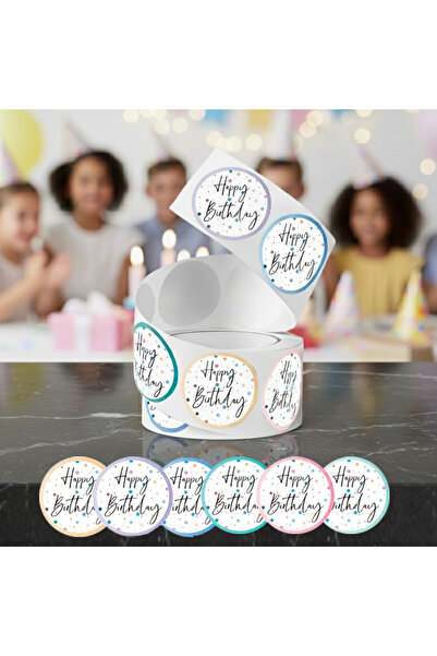 hdcw 500 ADET 2.5cm RULO YAPIŞKANLI HAPPY BIRTHDAY STICKER ETİKET, HEDİYE PAKETLEME, DOĞUM GÜNÜ
