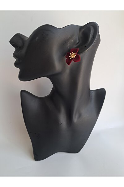 BHR AKSESUAR Bordo Kadife Çiçek Küpe