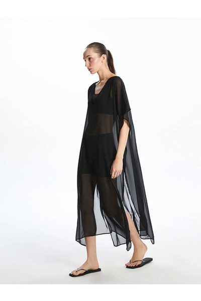 LC Waikiki Black V-Neck Chiffon Beach Dress