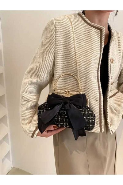 ÇANTA French Fashion Vintage Black Ribbon Design Chain Strap Casual Women's Shoulder Bag Trendy Arm Bag