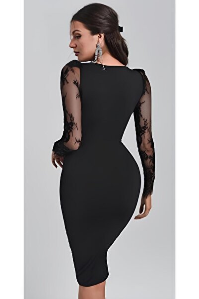 Masspera Kruvaze Yaka Uzun Kollu Kolları Tül Detay Krep Mini Elbise