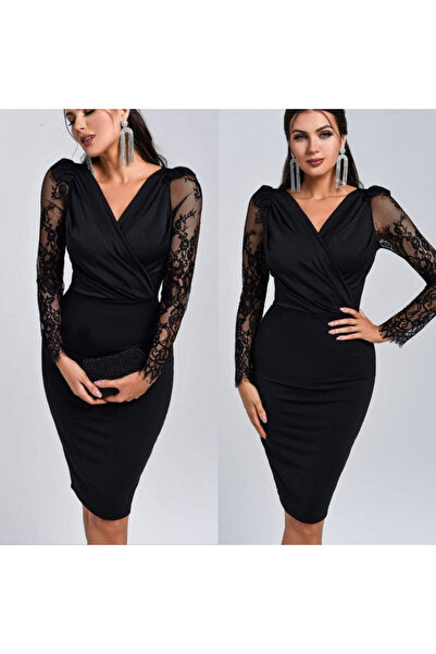 Masspera Kruvaze Yaka Uzun Kollu Kolları Tül Detay Krep Mini Elbise