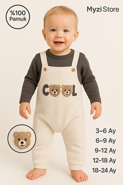 MYZİ STORE Baby Cotton 2-Piece Set – Teddy Bear Detailed Long Sleeve T-Shirt and Salopet