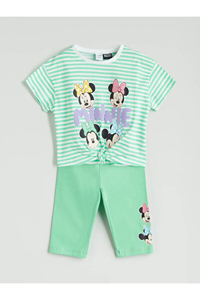 LC Waikiki Green Minnie Mouse Printed Baby Girl T-Shirt and Leggings 2-Piece Set