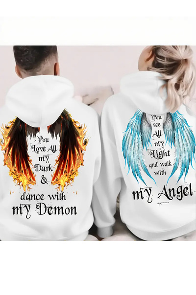 darkopia Set de 2 hanorace cu glugă unisex, combinație de cuplu iubit, cu des...