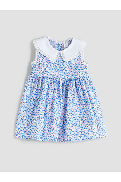 LC Waikiki Blue Linen Blend Floral Girl's Dress