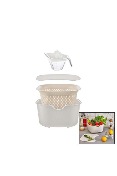 Go İthalat Cream 5-Piece Kitchen Set Pls. Mixing Bowl=4Lt - Strainer=3.5Lt - Cutting Board - Hot Pot=0.25Lt (5273)