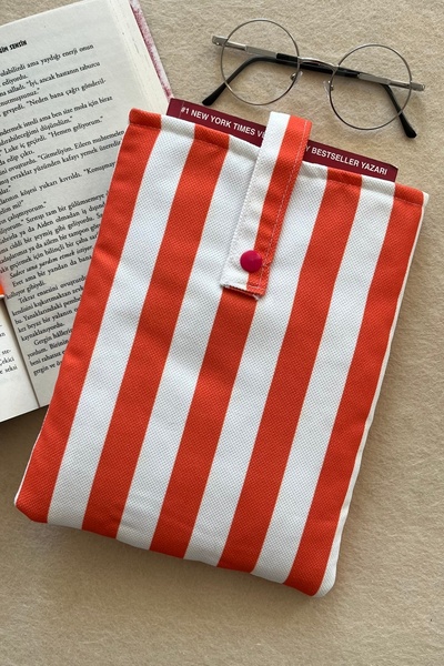 Outlet Çarşım Striped Fabric Padded Book Cover with Snap Closure Book Lover Gift