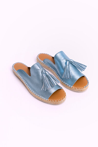 Wildco Genuine Leather Women's Espadrille Slippers Narrow Fit, Denim Blue Leather Espadrille Slippers, Jute Weave Metallic Blue