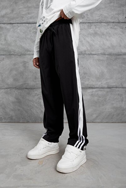 NOMARC Erkek Siyah Şerit Detaylı Paraşüt Kumaş Baggy Eşofman Altı