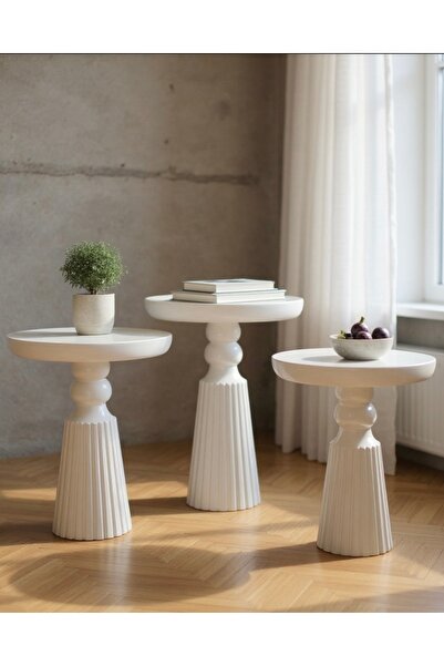 ASELYA HOME Doğal Ahşap 3’lü Set Beyaz Renk Mantar Yan Sehpa Modern Fiskos Zi...