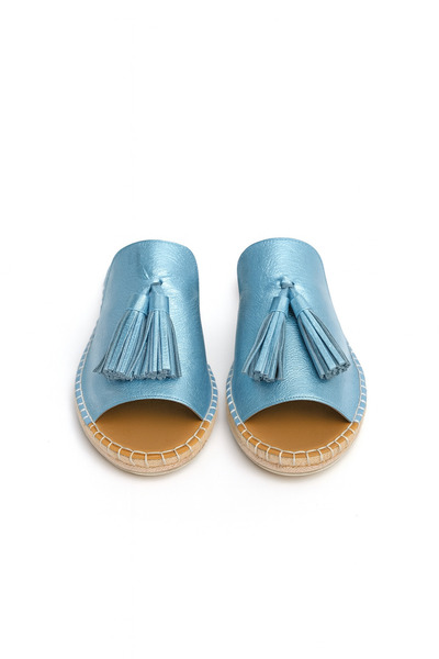 Wildco Genuine Leather Women's Espadrille Slippers Narrow Fit, Denim Blue Leather Espadrille Slippers, Jute Weave Metallic Blue
