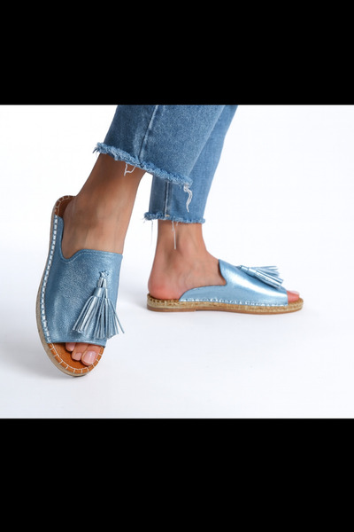 Wildco Espadrile din piele naturală pentru femei, model îngust, papuci din piele albastru denim, tricotat din iută albastru metalic