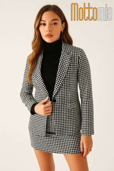 mottomia Women's Black Houndstooth Pattern Single Button Blazer Jacket and Skirt Set