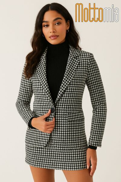 mottomia Women's Black Houndstooth Pattern Single Button Blazer Jacket and Skirt Set