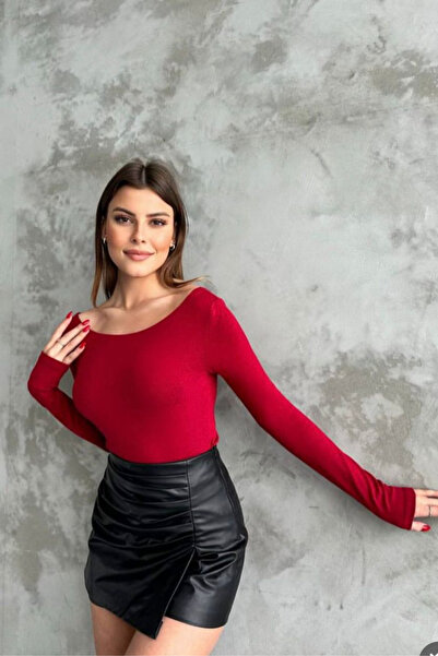 thesunfyre KADIN Yumuşak Dokulu Kayık Yaka Uzun Kollu Basic Body Bluz