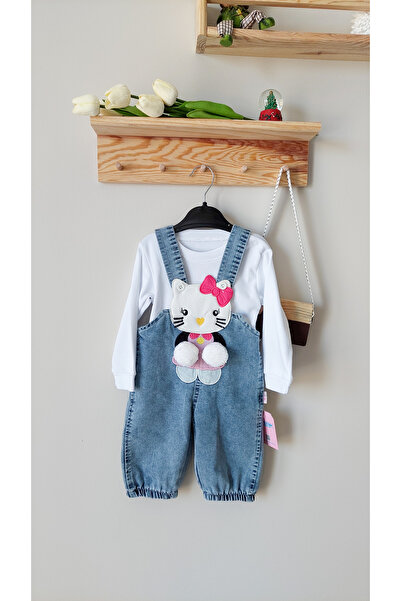 Alesya Bebek Kız 2’li Tulum Takımı (Tişört + Kot Tulum) – Peluş Kedi Detaylı