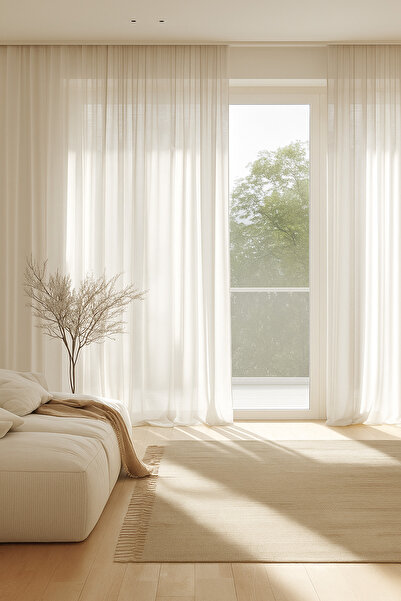 Ran Perde Kalın Dokulu Hasır Keten Tül Perde - Krem - Pileli Dikim 1x2,5 Pile