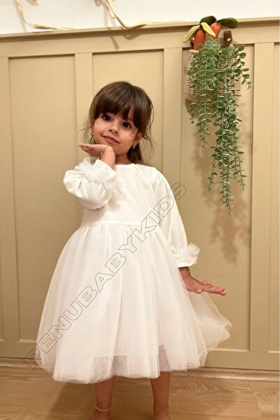 penu baby kids Екрю блискуча тканина з підкладкою з бавовни, спідниця з тюлю, довгі рукави, бантик, сукня для дівчинки, сукня для немовляти