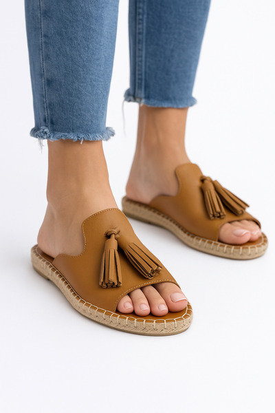 Wildco Genuine Leather Women's Espadrille Slippers Narrow Fit, Tan Leather Espadrille Slippers, Jute Weave Brown Slippers