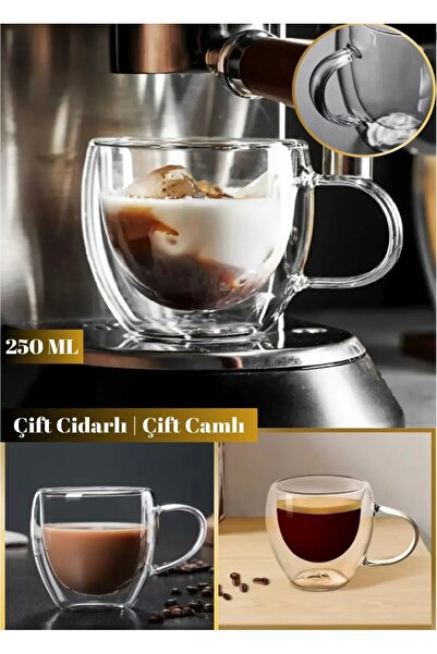 Hvc ticaret 2 Adet Çift Camlı Çift Cidarlı Borosilikat Kahve Kupası 250 ml
