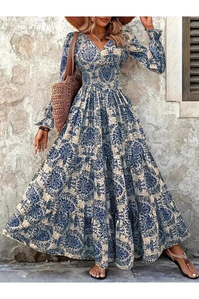 JANES Rochie de damă Eyesof, cu mâneci lungi, cu decolteu în V, cu model