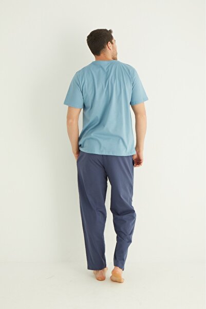 Pijaman Men's Printed Crew Neck Short Sleeve Round Neck Pocket Summer Cotton Pajama Set