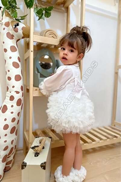 penu baby kids Ecru Long Sleeve Cotton Lined Tutu Skirt with Bow Girl's Baby Girl Dress