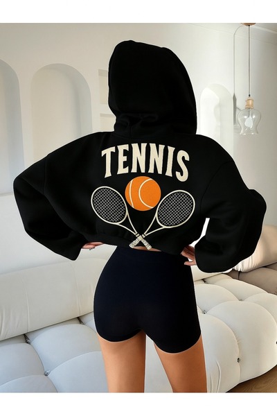 OVER HEAD Women's Tennis Racket Printed Hooded Crop Cardigan Jacket