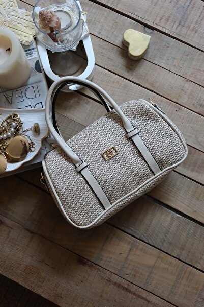 Moom Bag Women's Cream Double Stripe Straw Textured Daily Hand Shoulder Bag