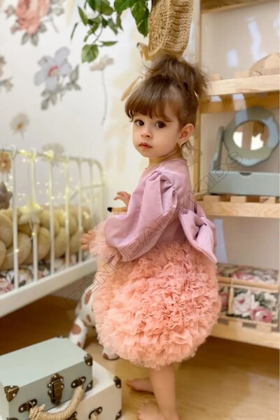 penu baby kids Dusty Rose Long Sleeve Cotton Lined Tutu Skirt Bowknot Girls' Dress for Baby Girls