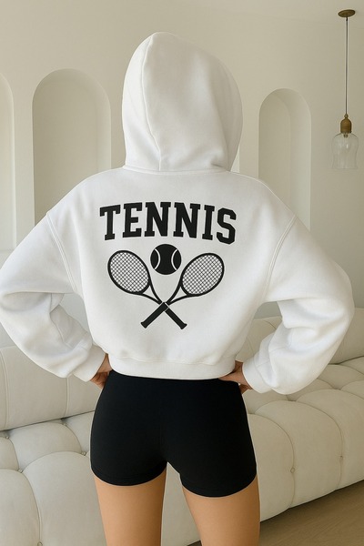 OVER HEAD Women's Tennis Racket Printed Hooded Crop Cardigan Jacket