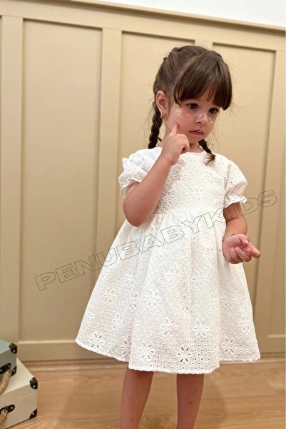 penu baby kids Ecru Short Sleeve Cotton Fisto Fabric Snap Closure Girl's Baby Dress
