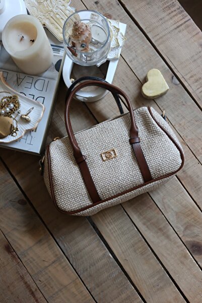 Moom Bag Women's Tan Double Stripe Straw Textured Daily Hand Shoulder Bag