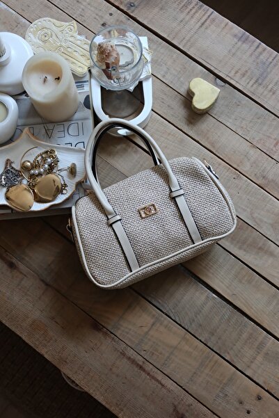 Moom Bag Women's Cream Double Stripe Straw Textured Daily Hand Shoulder Bag