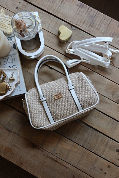 Moom Bag Γυναικεία τσάντα ώμου με διπλή ρίγα από ψάθινη υφή καθημερινής χρήσης