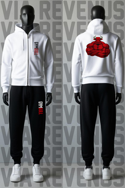 Vordevia Gym Bull Printed Zipper Hooded Tracksuit Set