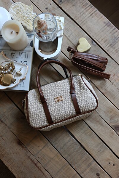Moom Bag Women's Tan Double Stripe Straw Textured Daily Hand Shoulder Bag