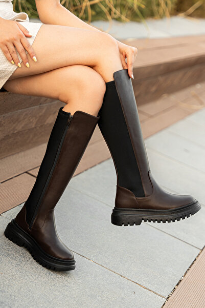 AYAKKABI MEET Γυναικείες μπότες καφέ δέρματος με φερμουάρ κάτω από το γόνατο Casual μπότες με λεπτομέρειες ελαστικότητας