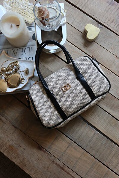 Moom Bag Women's Black Double Stripe Straw Textured Daily Hand Shoulder Bag